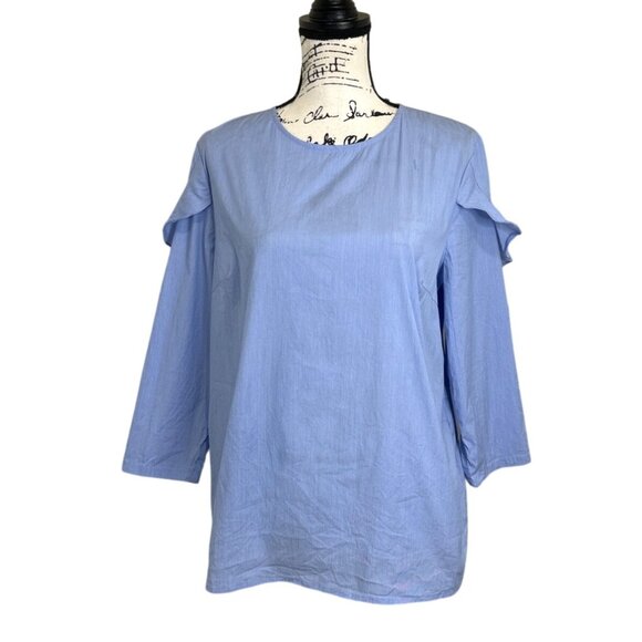 J. Mclaughlin Women's Top Blue Ruffled Bell Sleeve Cotton Stretch Career Size M - Picture 3 of 8